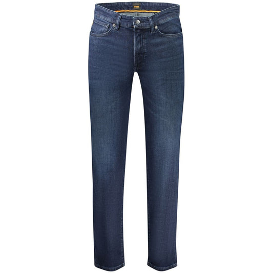 Jeans by Hugo Boss for men in stretch denim cotton blue features an refined tailoring silhouette, showcasing a premium straight-leg & regular-fit with a and long cut for a refined tailoring look.