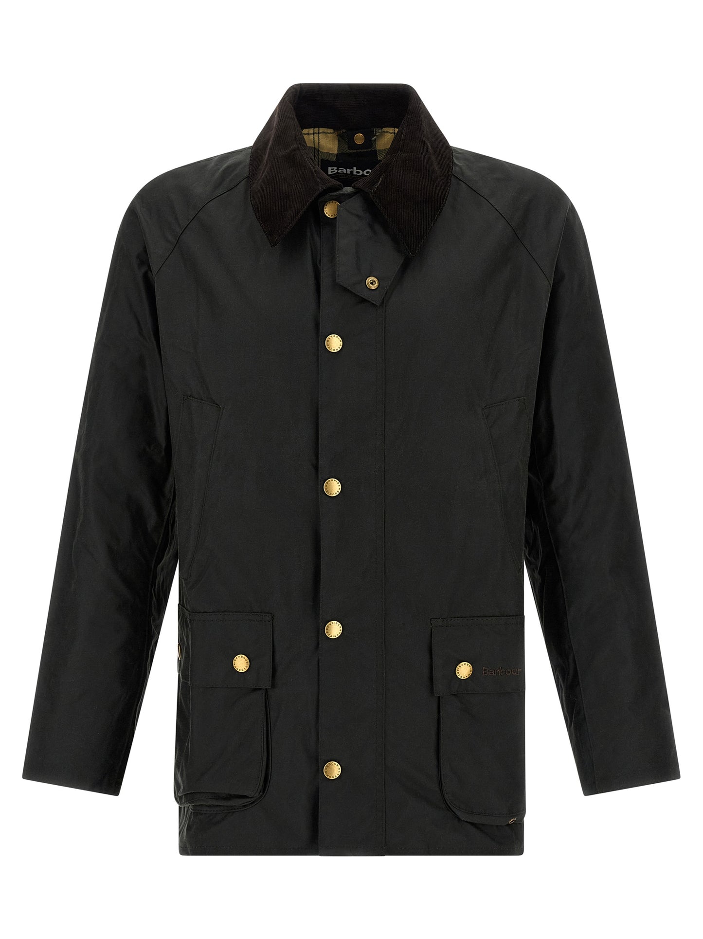 Windbreaker Jacket by Barbour for men in cotton corduroy bicolour & green features an perennial silhouette with a refined and perennial pockets & windproof for a sophisticated weather-resistant look.