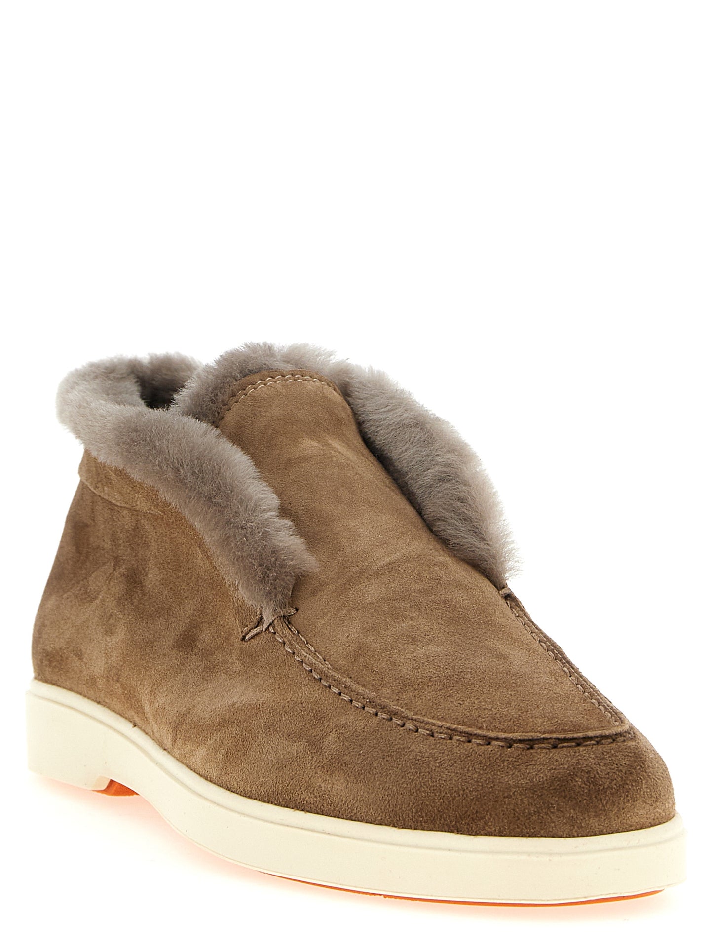 Flat Ankle Winter Boots by Santoni for women in suede calfskin leather & lamb shearling brown features an avant-garde Women's Suede Calfskin Leather & Lamb Shearling Flat Ankle Winter Boots silhouette, defined by a sophisticated flat and a avant-garde .