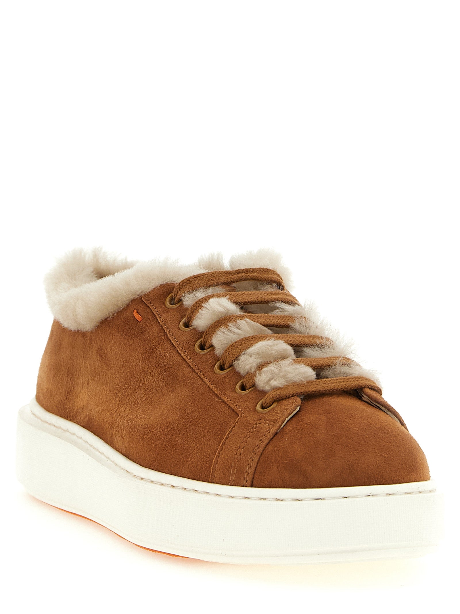 Sneakers by Santoni for women in suede calf & goat leather brown, orange & signature features an timeless silhouette from the Women's Low Top Suede Calf & Goat Leather Sneakers collection, showcasing a signature low-top style with an timeless finish.