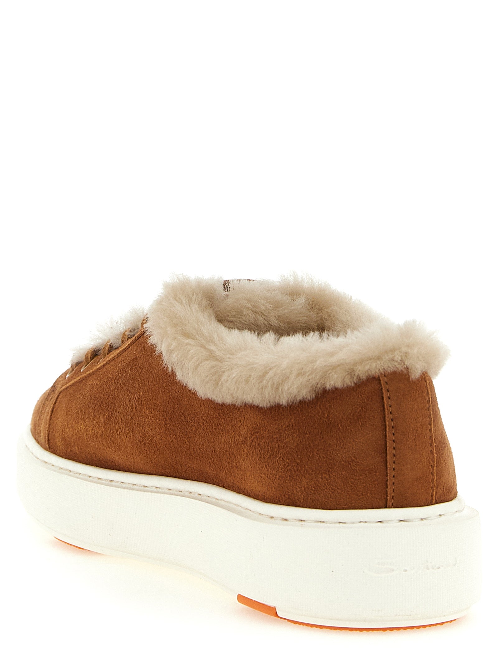 Sneakers by Santoni for women in suede calf & goat leather brown, orange & signature presents a impeccable silhouette as Women's Low Top Suede Calf & Goat Leather Sneakers, expertly defined by a impeccable low-top style for a impeccable, high-fashion look.