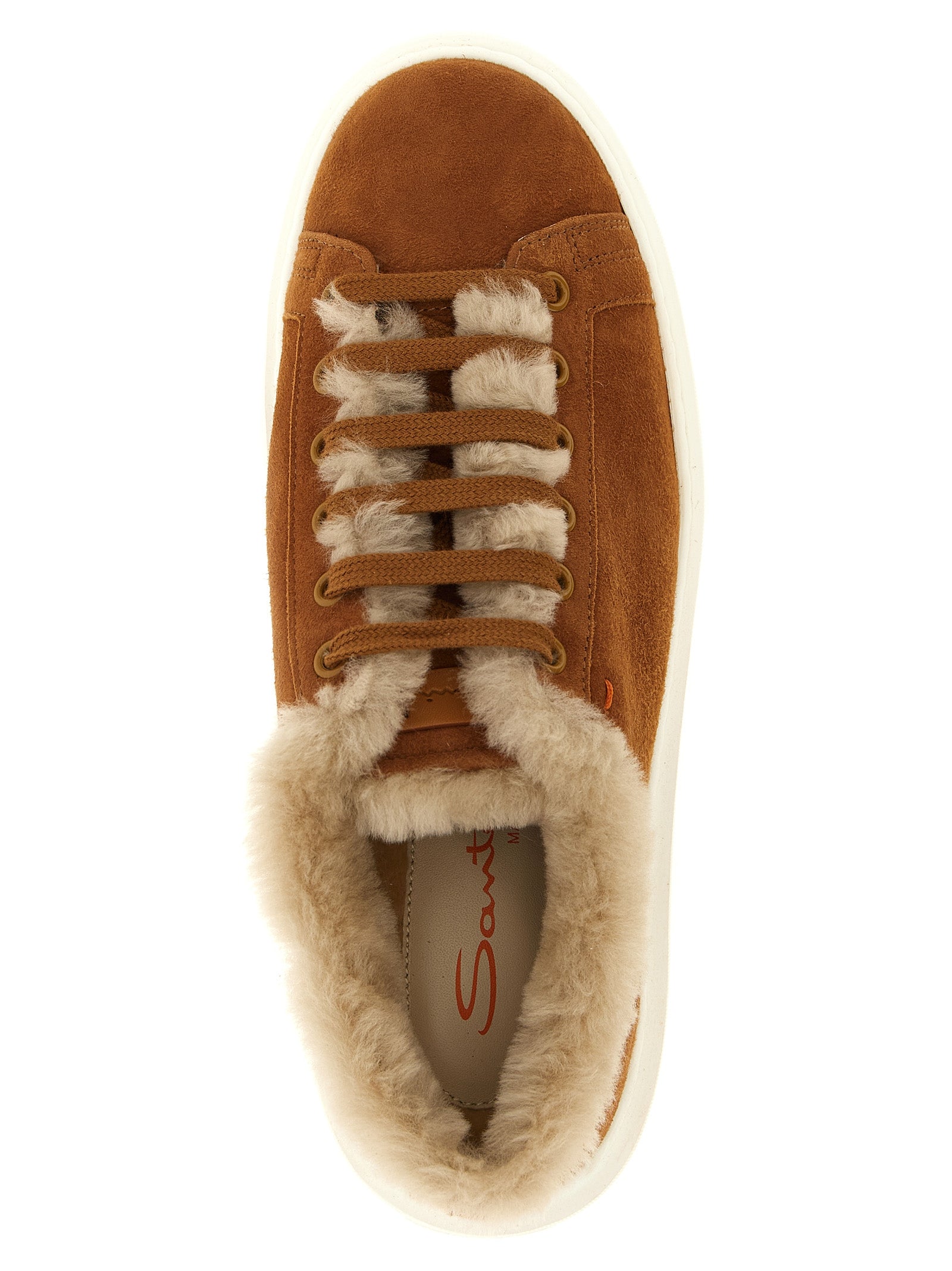 Sneakers by Santoni for women in suede calf & goat leather brown, orange & signature features a chic design, perfectly showcasing the chic low-top style of this Women's Low Top Suede Calf & Goat Leather Sneakers.