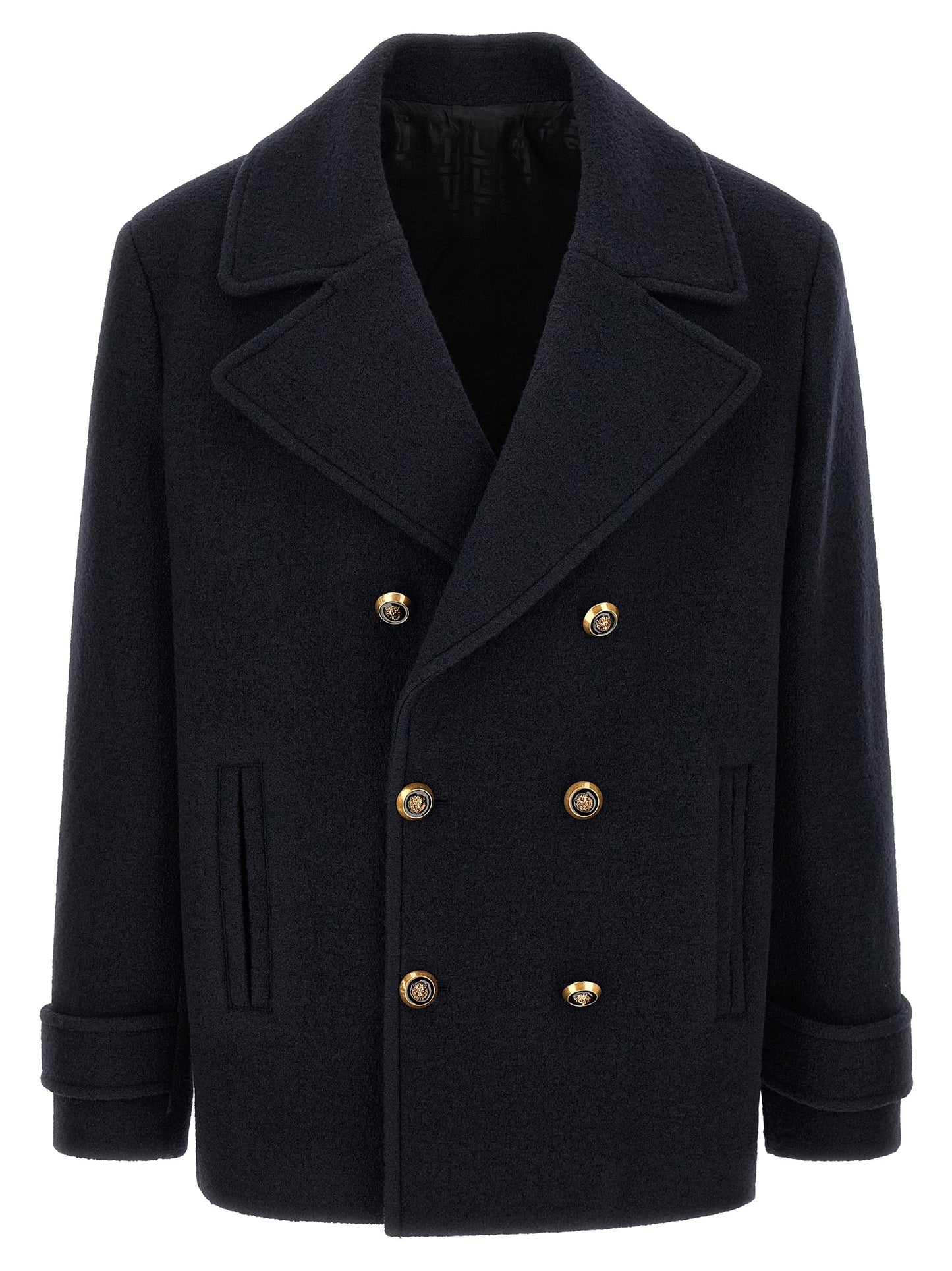 Overcoat by Balmain for men in polyamide & virgin wool blue & gold features a cosy chic silhouette, artfully detailed with a sophisticated lapel neckline and premium for a cosy chic finish.
