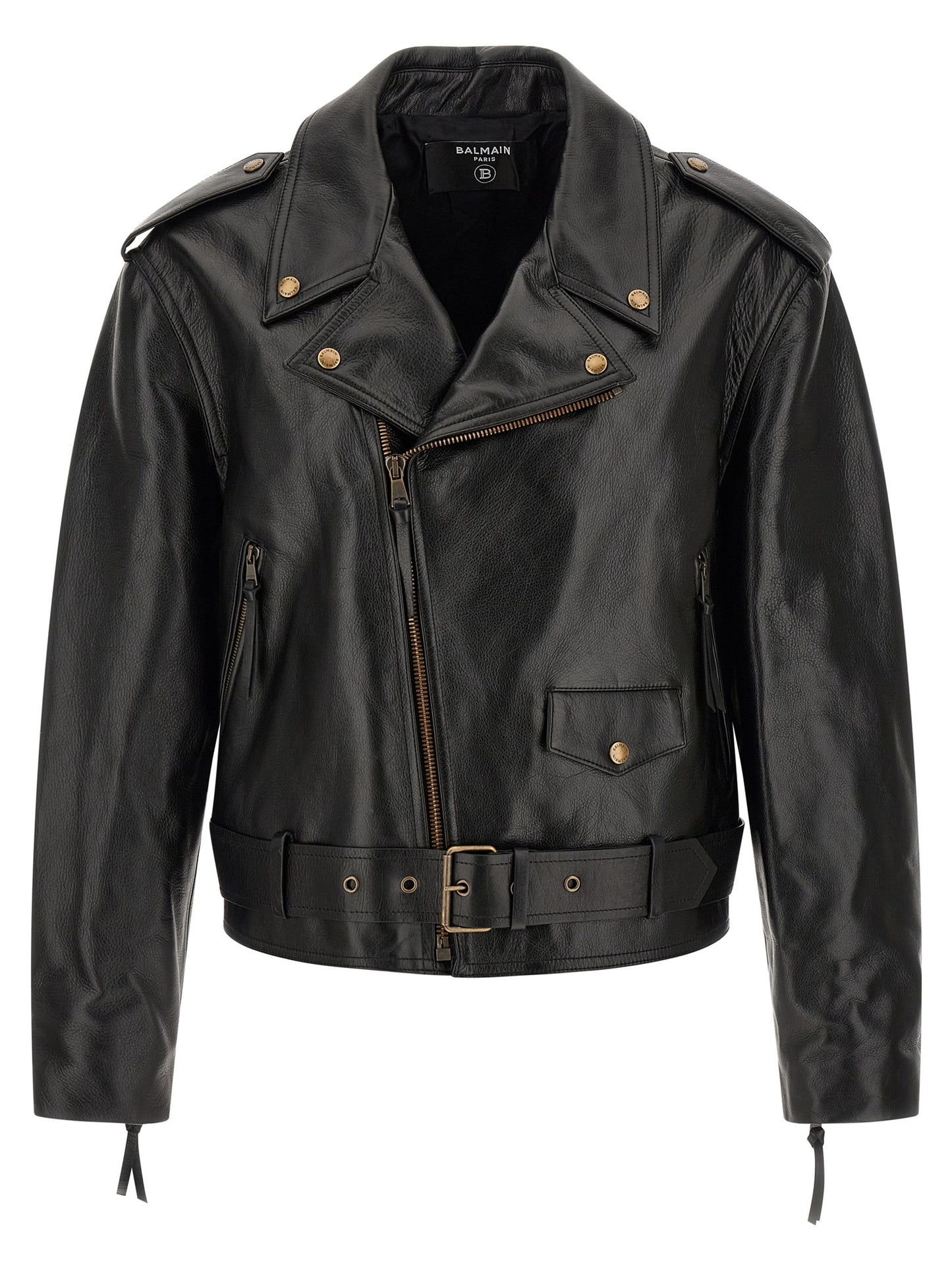 Jacket by Balmain for men in bos taurus cowhide leather black presents a impeccable silhouette, showcasing distinct pockets and a impeccable lapel neckline for a sophisticated finish.