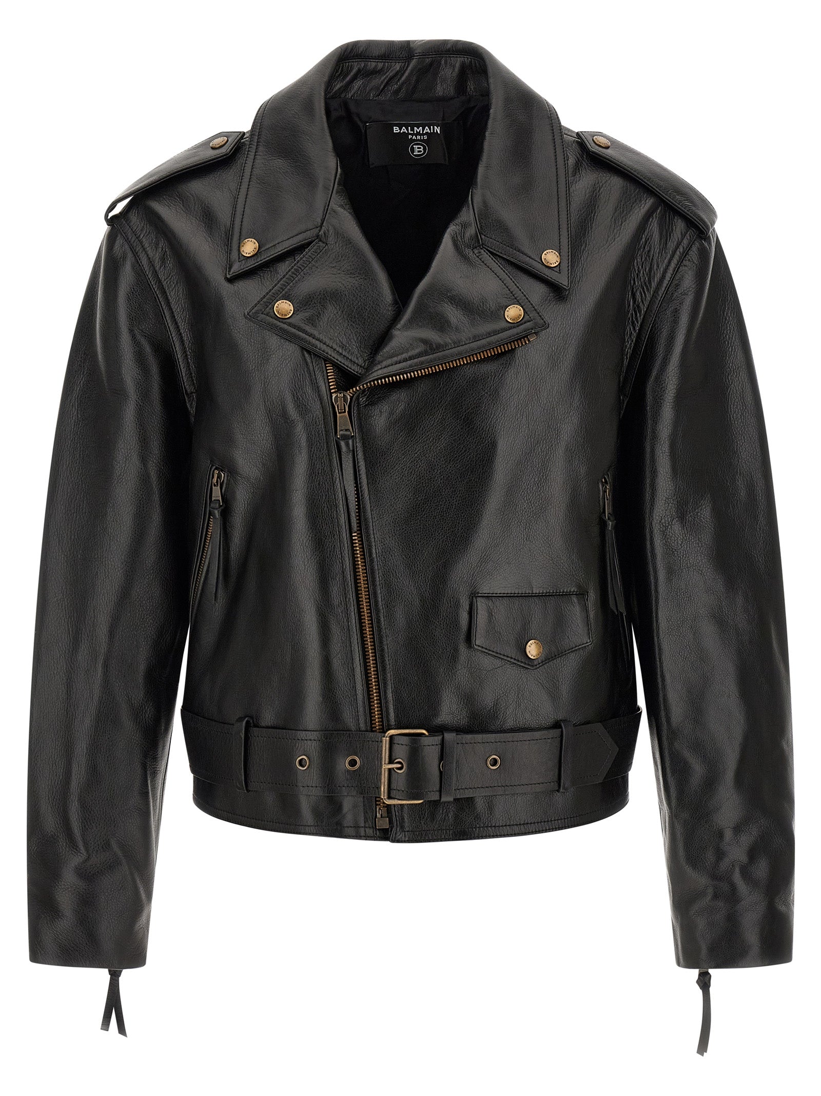 Jacket by Balmain for men in bos taurus cowhide leather black presents a impeccable silhouette, showcasing distinct pockets and a impeccable lapel neckline for a sophisticated finish.
