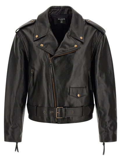 Jacket by Balmain for men in bos taurus cowhide leather black presents a impeccable silhouette, showcasing distinct pockets and a impeccable lapel neckline for a sophisticated finish.