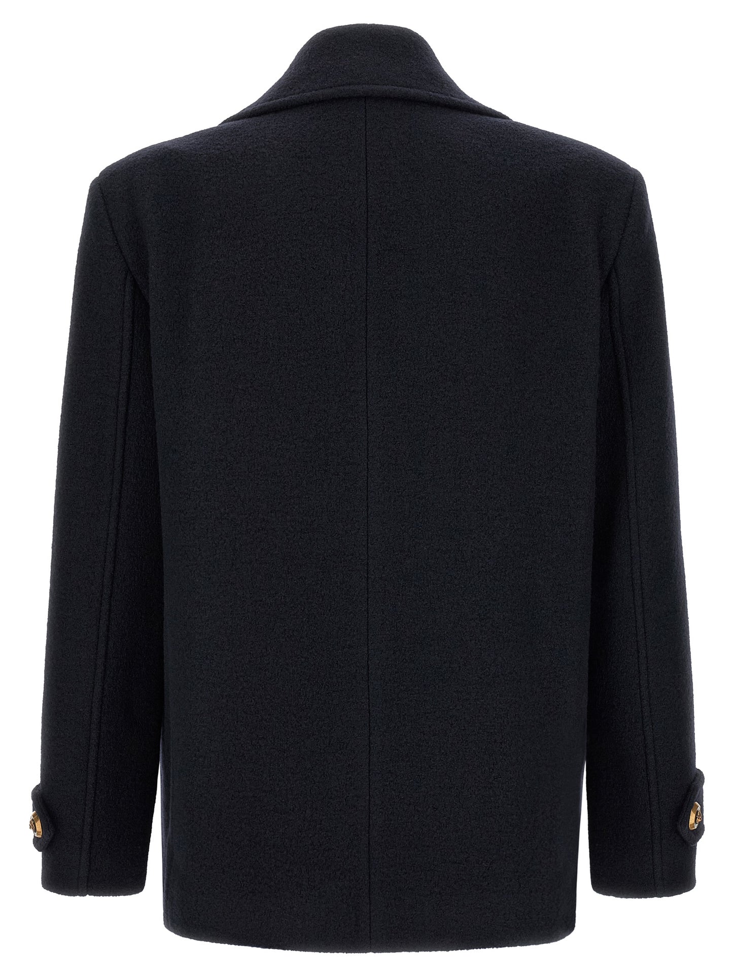 Overcoat by Balmain for men in polyamide & virgin wool blue & gold features a contemporary silhouette showcasing a contemporary lapel neckline and refined for a sophisticated finish.