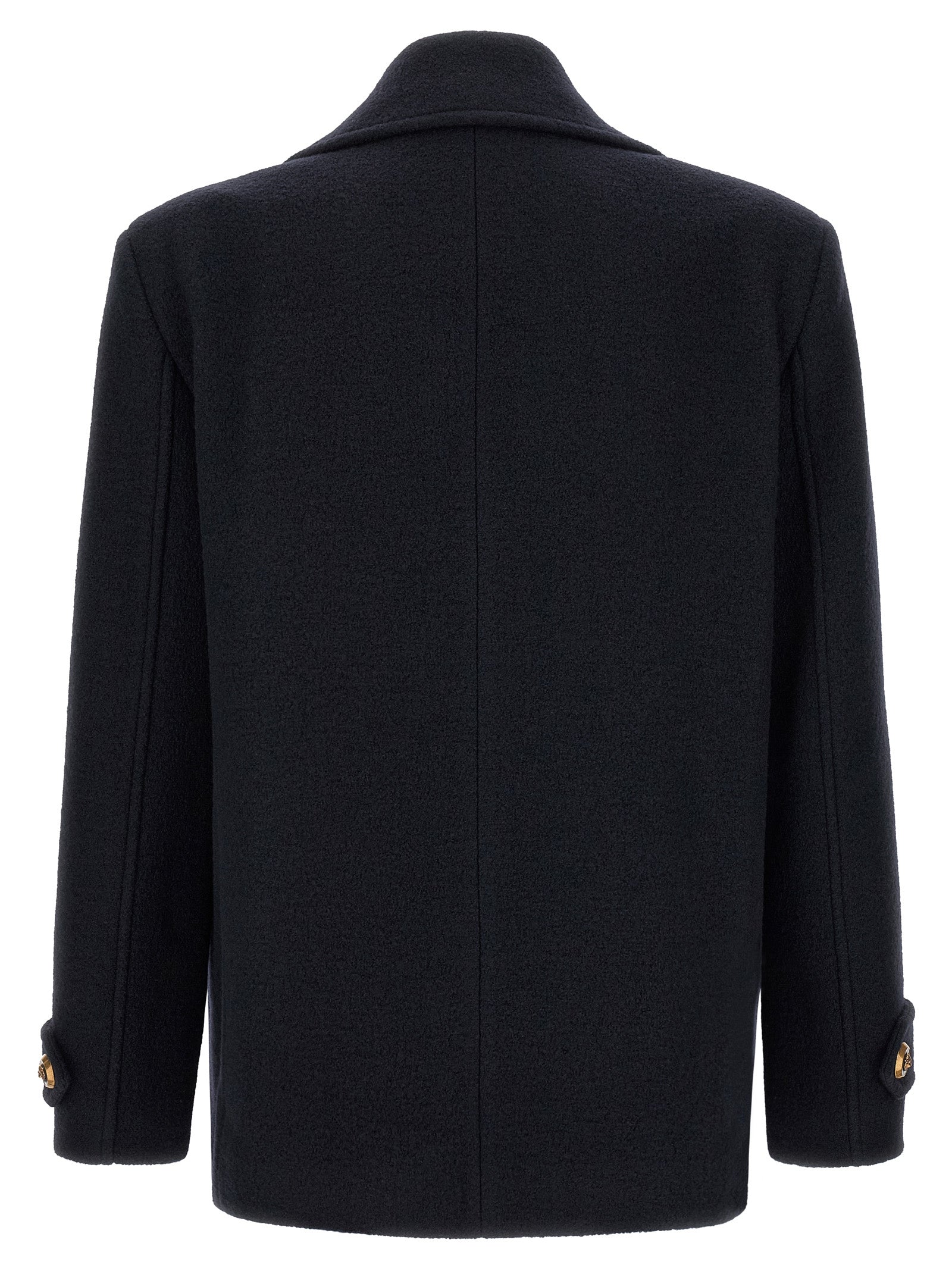 Overcoat by Balmain for men in polyamide & virgin wool blue & gold features a contemporary silhouette showcasing a contemporary lapel neckline and refined for a sophisticated finish.