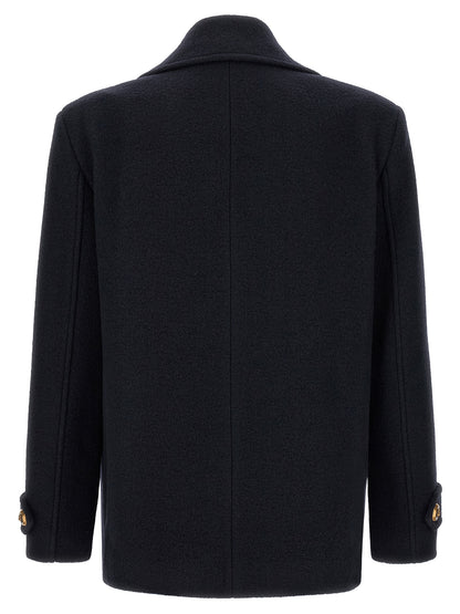 Overcoat by Balmain for men in polyamide & virgin wool blue & gold features a contemporary silhouette showcasing a contemporary lapel neckline and refined for a sophisticated finish.