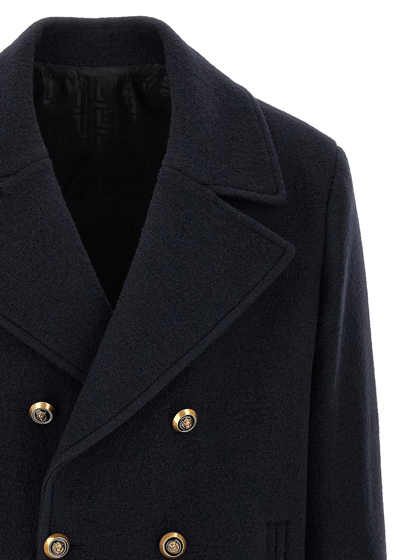 Overcoat by Balmain for men in polyamide & virgin wool blue & gold features an satoral silhouette, showcasing a sophisticated lapel neckline and satoral for a premium, timeless look.