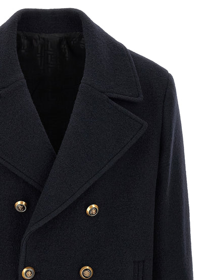 Overcoat by Balmain for men in polyamide & virgin wool blue & gold features an satoral silhouette, showcasing a sophisticated lapel neckline and satoral for a premium, timeless look.