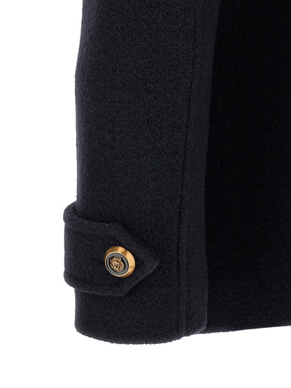 Overcoat by Balmain for men in polyamide & virgin wool blue & gold showcases a enveloping silhouette, detailed with distinctive and a enveloping .