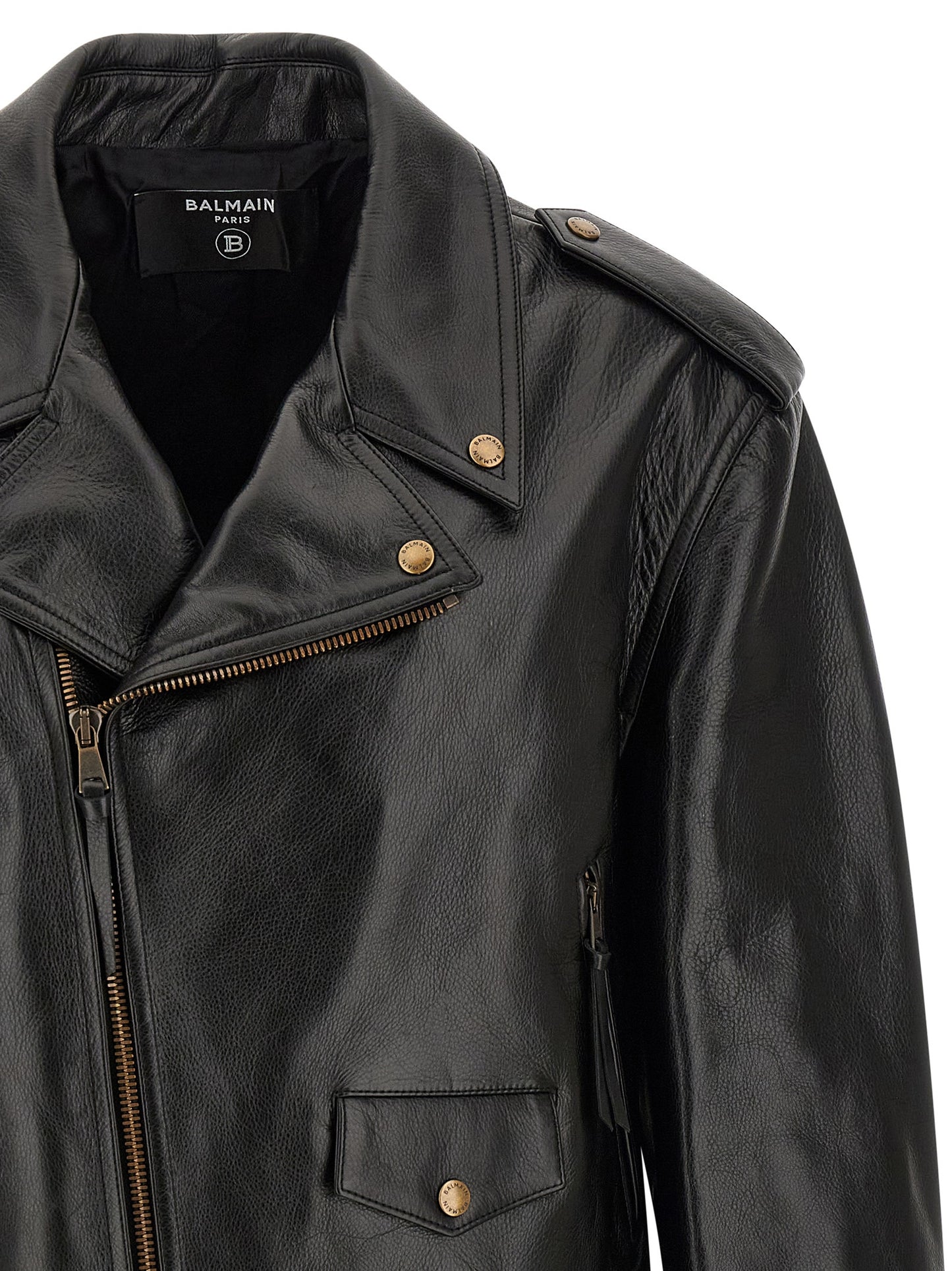 This Jacket by Balmain for men in bos taurus cowhide leather black showcases a magnificent silhouette, meticulously crafted with a distinctive lapel neckline and functional pockets for a magnificent finish.