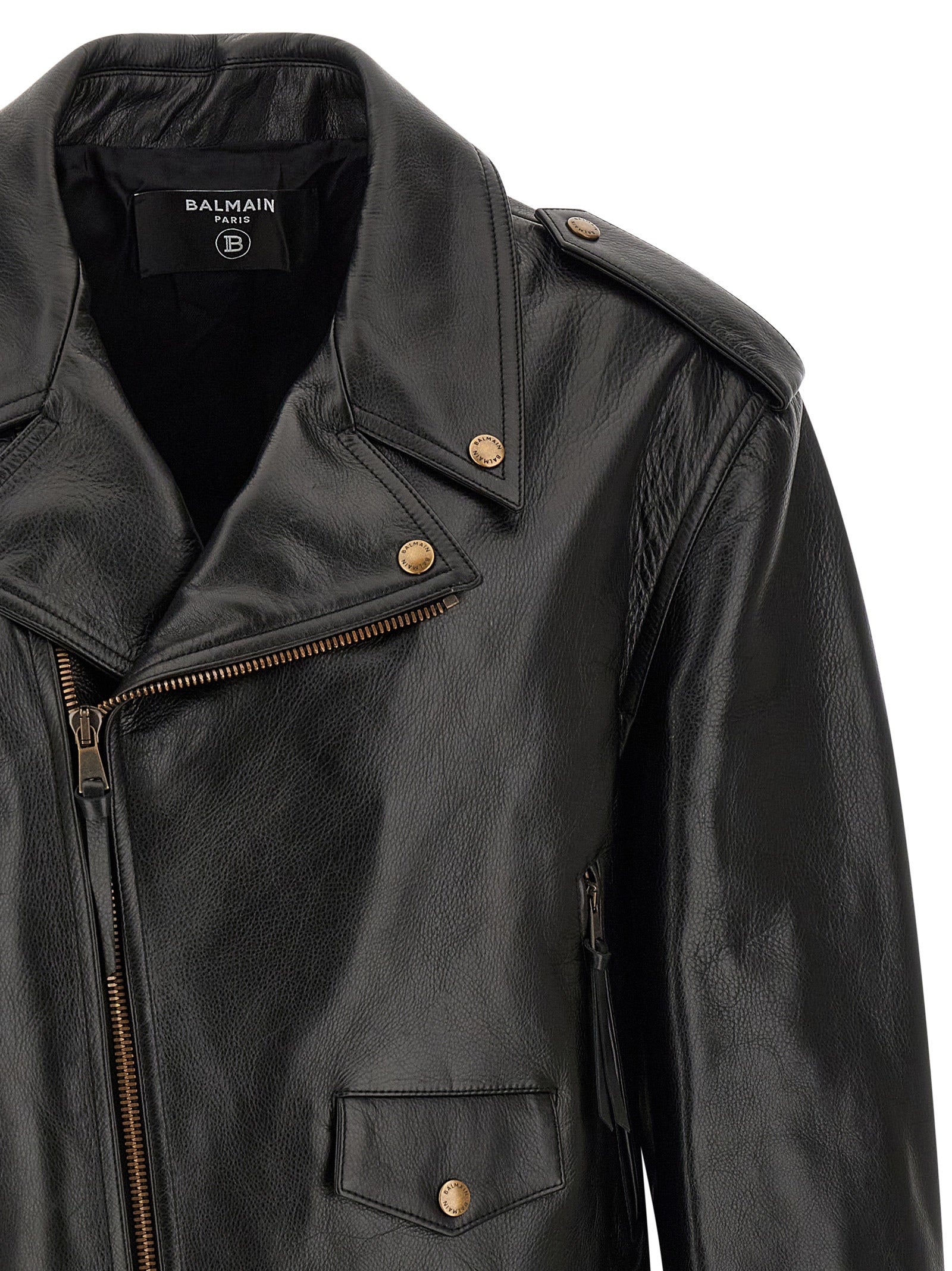 This Jacket by Balmain for men in bos taurus cowhide leather black showcases a magnificent silhouette, meticulously crafted with a distinctive lapel neckline and functional pockets for a magnificent finish.