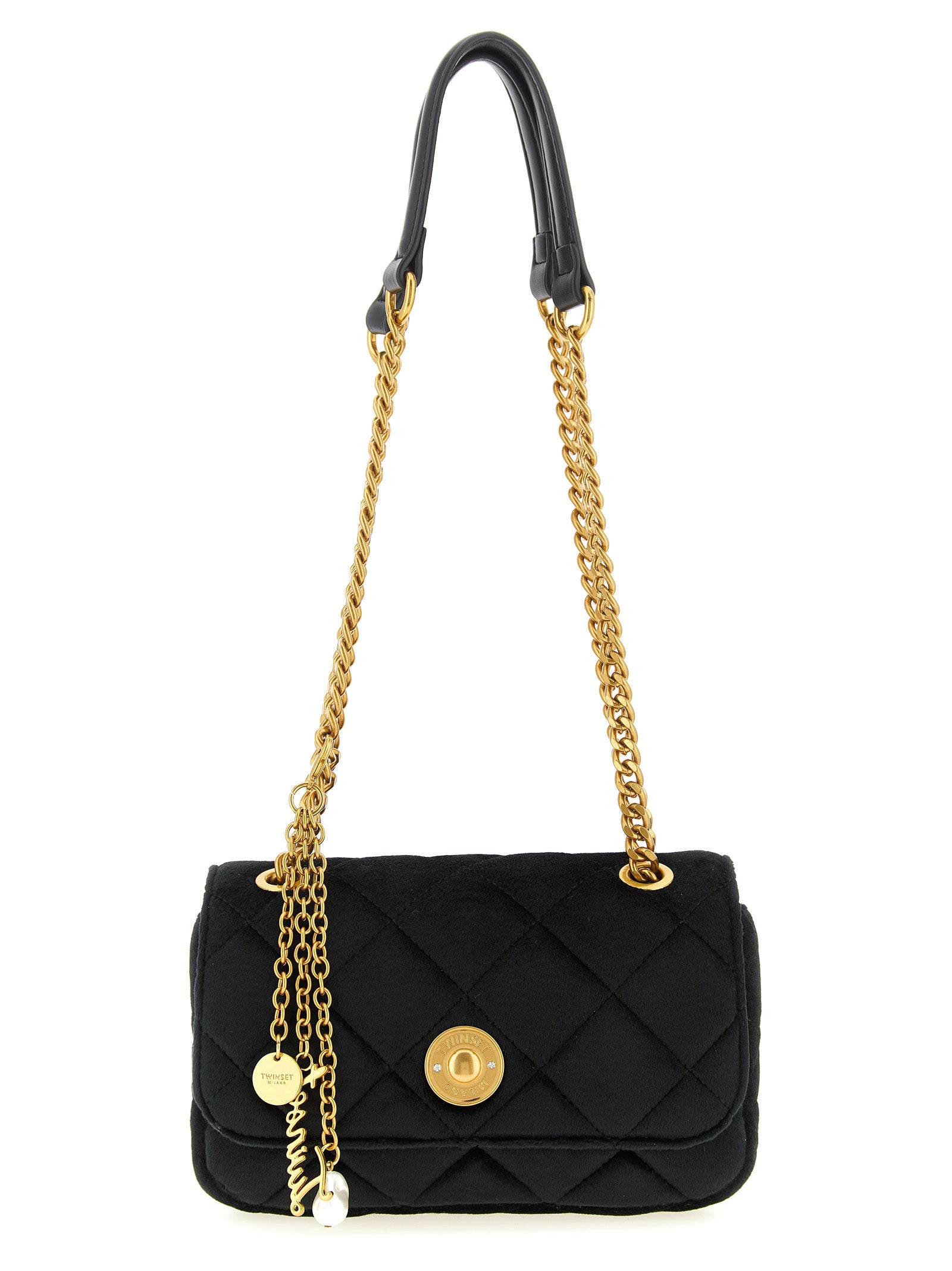 Compact Crossbody Handbag by Twinset for women in polyester velvet black & gold features a versatile chic silhouette, meticulously detailed with a secure , ample , and versatile crossbody-strap & shoulder-strap.