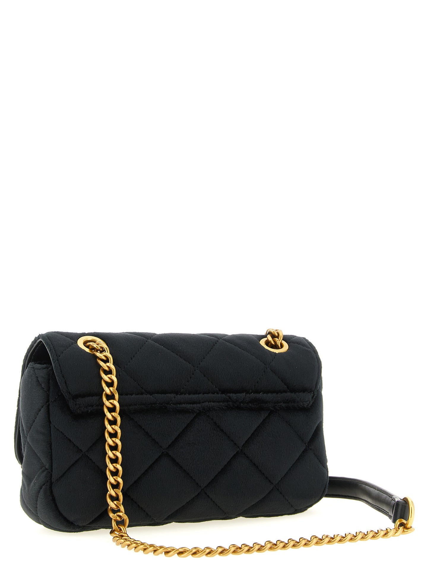 Compact Crossbody Handbag by Twinset for women in polyester velvet black & gold features a transformative elegance silhouette, showcasing a secure , organized , and versatile crossbody-strap & shoulder-strap for a transformative elegance look.