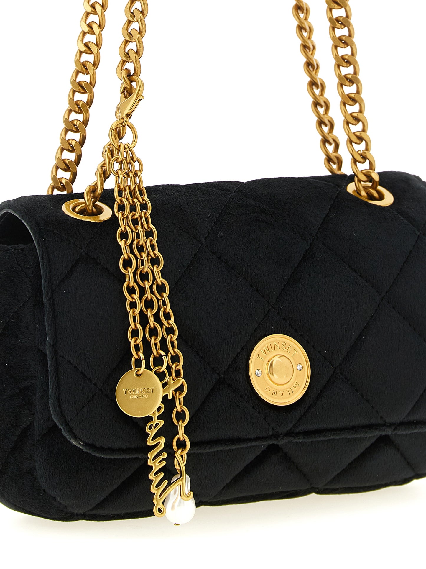 Compact Crossbody Handbag by Twinset for women in polyester velvet black & gold features a transformative sophistication silhouette, showcasing a secure , ample , and versatile crossbody-strap & shoulder-strap for a transformative sophistication look.