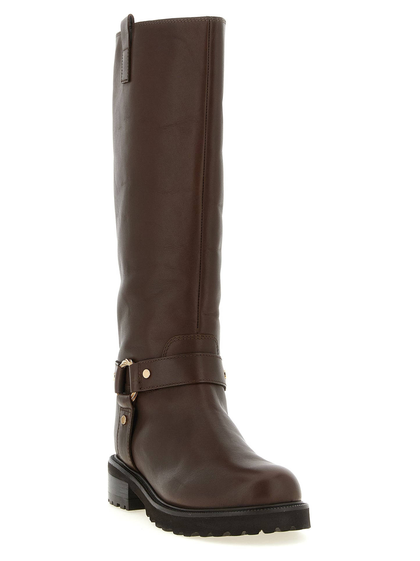 Ankle Over-The-Knee Strap Boots by Twinset for women in leather & metal brown features an avant-garde Women's Leather & Metal Ankle Over-The-Knee Strap Boots silhouette, defined by a sophisticated and a avant-garde .