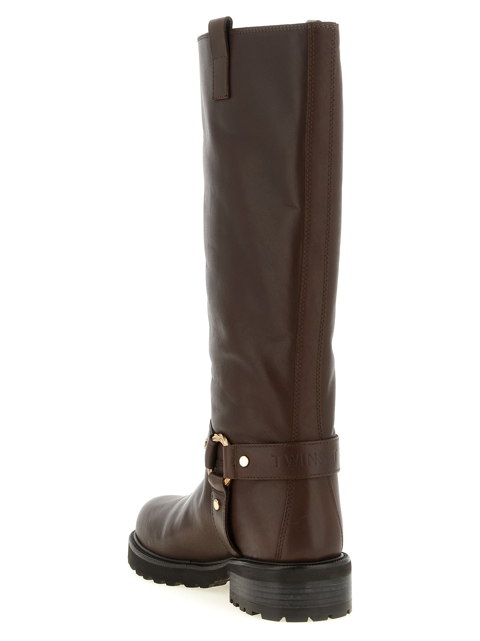 Ankle Over-The-Knee Strap Boots by Twinset for women in leather & metal brown showcases a impeccable silhouette as Women's Leather & Metal Ankle Over-The-Knee Strap Boots, artfully defined by a impeccable and a impeccable .