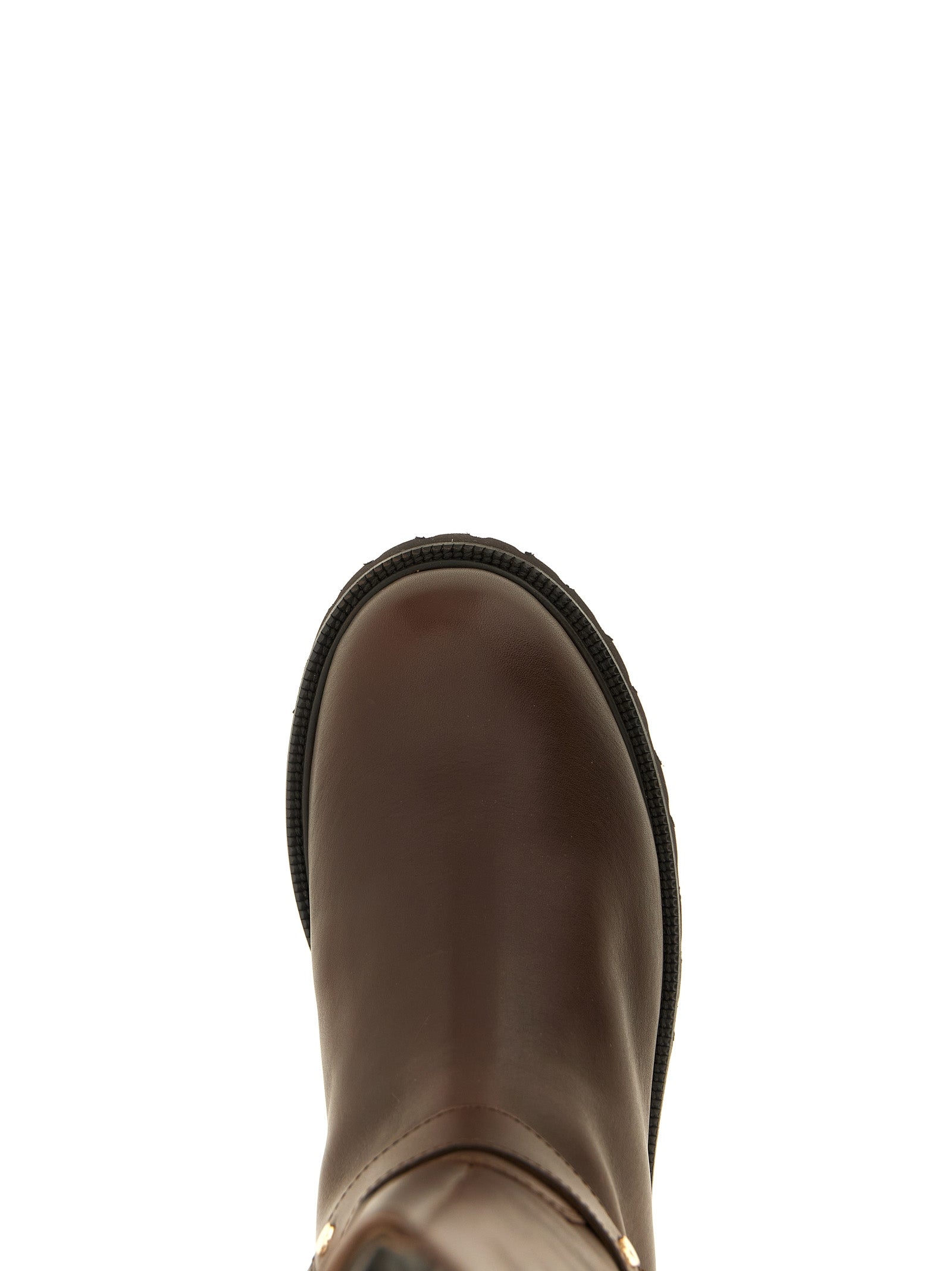 Ankle Over-The-Knee Strap Boots by Twinset for women in leather & metal brown showcases a ergonomic silhouette from the Women's Leather & Metal Ankle Over-The-Knee Strap Boots collection, featuring a ergonomic and a ergonomic .