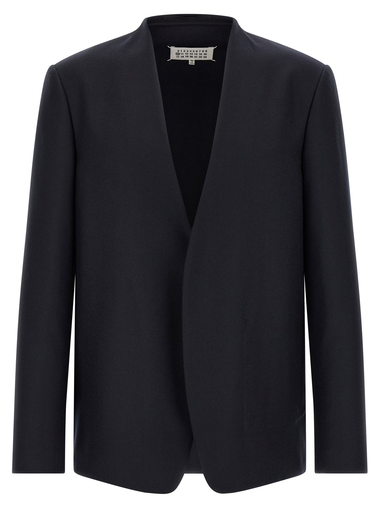 Blazer by Maison Margiela for men in flannel & virgin wool navy & signature showcases a polished silhouette, highlighted by a refined v-neck lapel neckline and polished for a sophisticated finish.