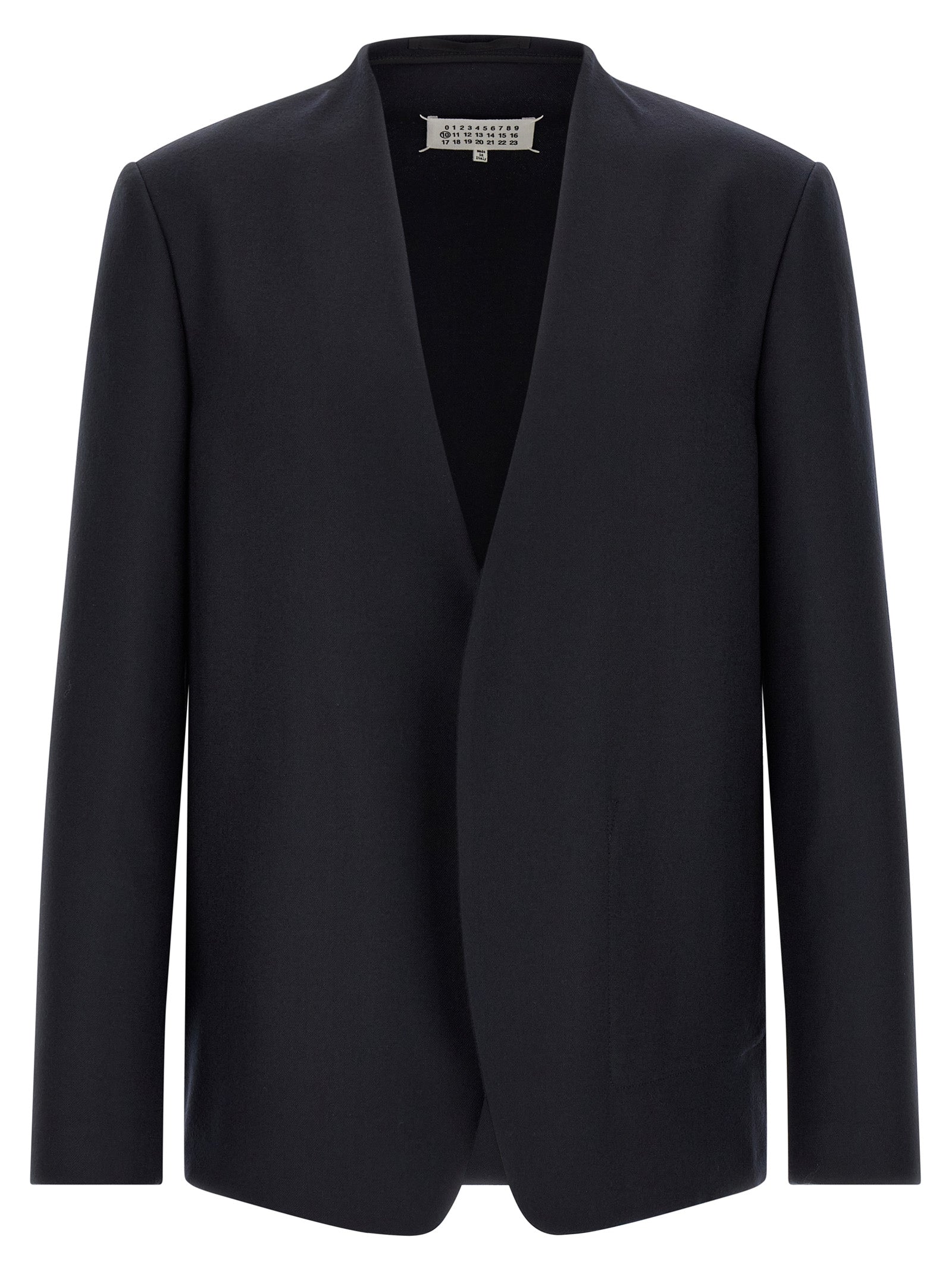 Blazer by Maison Margiela for men in flannel & virgin wool navy & signature showcases a polished silhouette, highlighted by a refined v-neck lapel neckline and polished for a sophisticated finish.