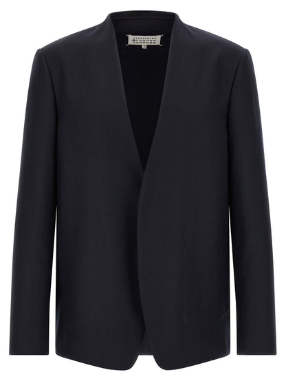Blazer by Maison Margiela for men in flannel & virgin wool navy & signature showcases a polished silhouette, highlighted by a refined v-neck lapel neckline and polished for a sophisticated finish.