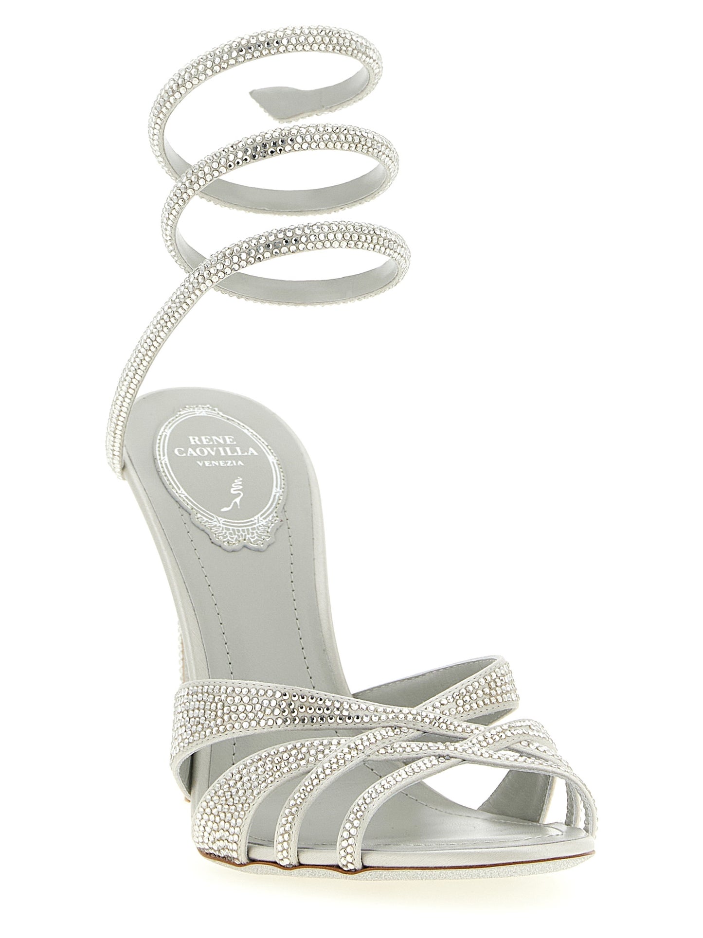 Stiletto Sandals by RENE CAOVILLA for women in viscose silk satin silver features an exquisite silhouette, showcasing the exquisite Women's Viscose Silk Satin Stiletto Sandals with a stiletto and .