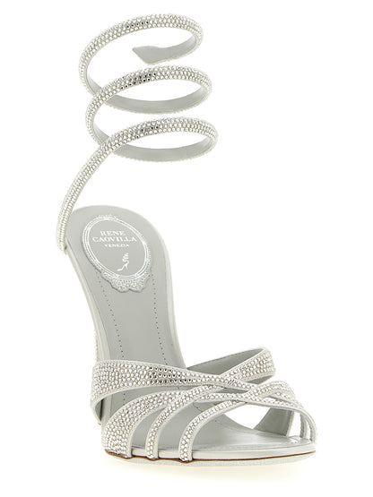 Stiletto Sandals by RENE CAOVILLA for women in viscose silk satin silver features an exquisite silhouette, showcasing the exquisite Women's Viscose Silk Satin Stiletto Sandals with a stiletto and .