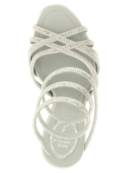 Stiletto Sandals by RENE CAOVILLA for women in viscose silk satin silver showcases a sculptural silhouette as Women's Viscose Silk Satin Stiletto Sandals, defined by a sculptural stiletto and sculptural for a sculptural look.
