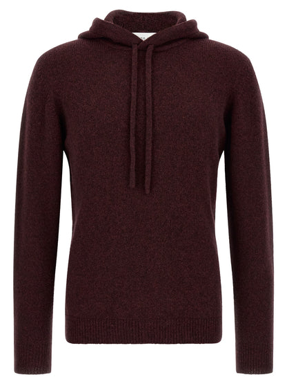Hooded Cardigan by Roberto Collina for men in polyamide & wool bordeaux & camel showcases a captivating silhouette, artfully detailed with a captivating and hooded neckline for a truly sophisticated captivating look.