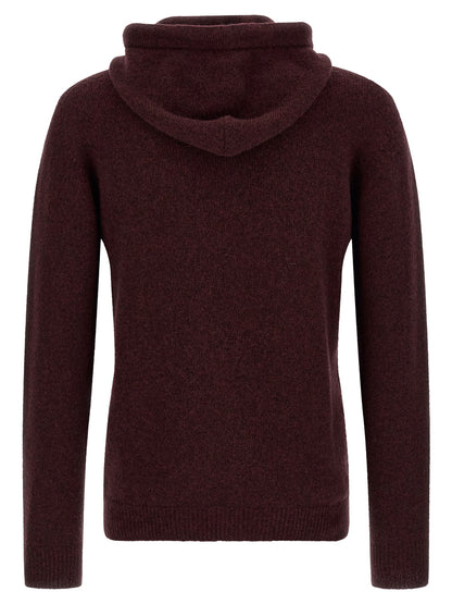Hooded Cardigan by Roberto Collina for men in polyamide & wool bordeaux & camel features an impeccable silhouette, showcasing a sophisticated hooded neckline and detail for a truly impeccable finish.