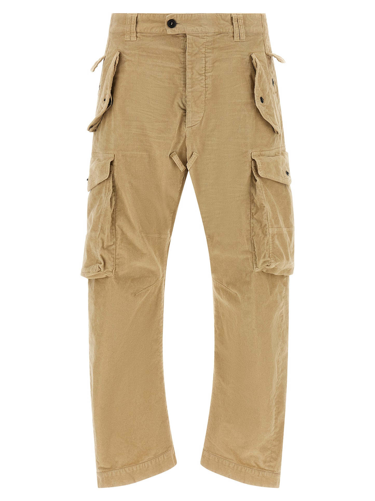 Cargo Pants by Dsquared² for men in stretch cotton corduroy beige & camel features an urban chic relaxed-fit with a and long, creating a urban chic aesthetic for "Moon Behind the Hill".