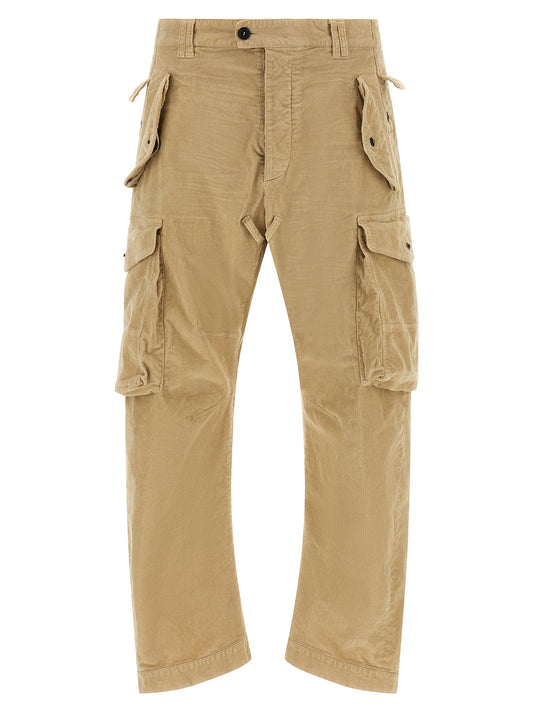 Cargo Pants by Dsquared² for men in stretch cotton corduroy beige & camel features an urban chic relaxed-fit with a and long, creating a urban chic aesthetic for "Moon Behind the Hill".