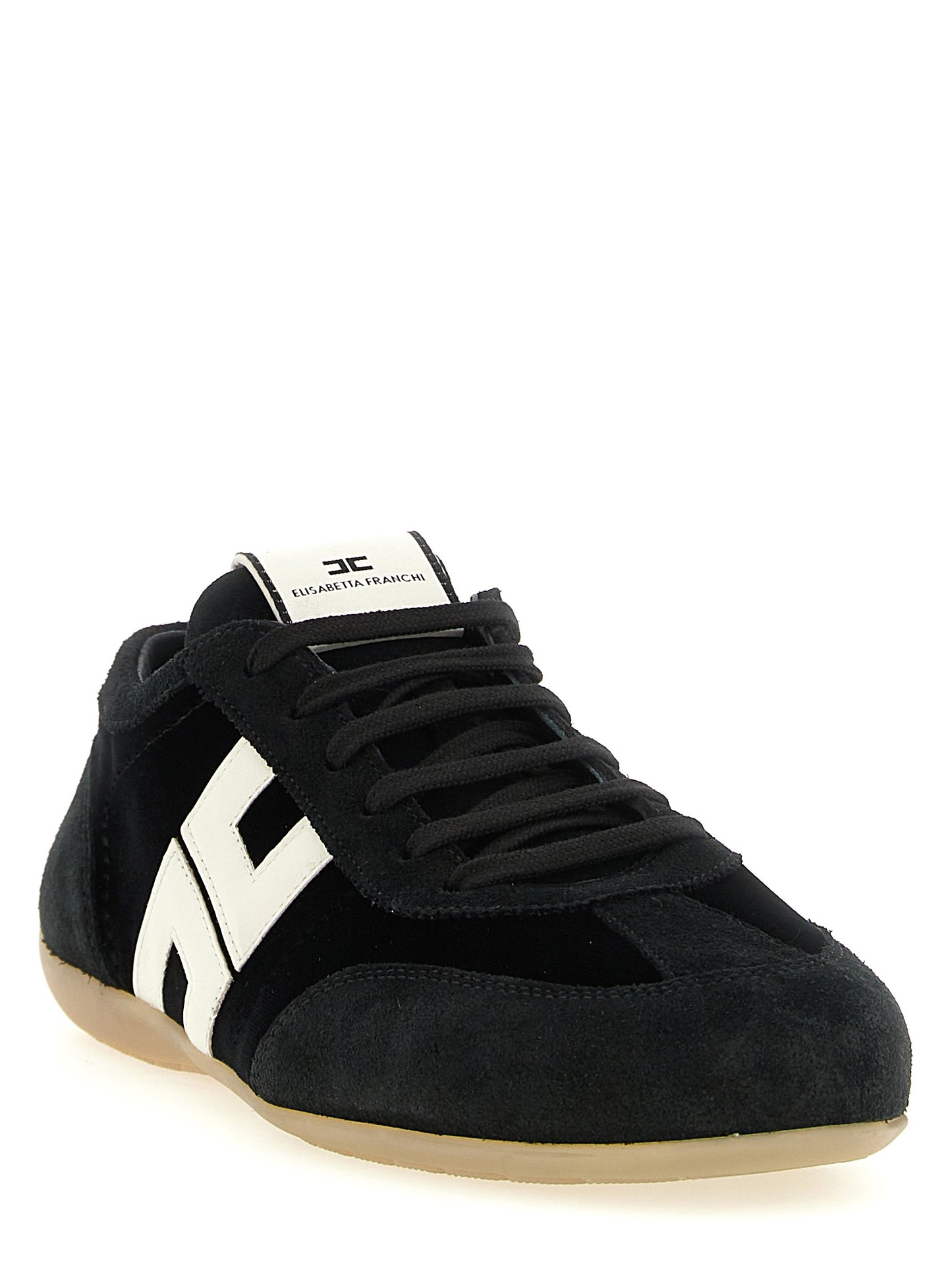 Sneakers by Elisabetta Franchi for women in plush velvet & nappa leather bicolour, black, honey & white features an fashionable silhouette, showcasing the premium Women's Low Top Plush Velvet & Nappa Leather Sneakers in a fashionable low-top style that offers a fashionable finish for refined style.