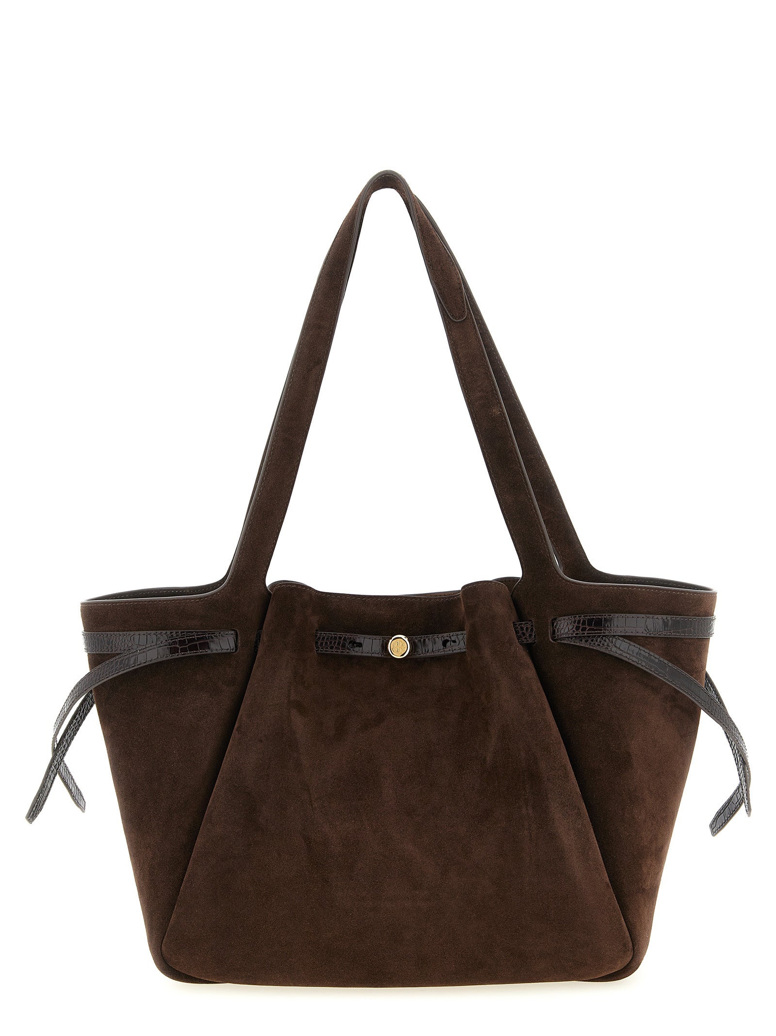 Tote Bag by Tory Burch for women in bos taurus suede cowhide leather brown, gold & print features an sumptuous Romy Bos Taurus Suede Cowhide Leather Tote Bag design with a secure zipper & button, ample , and versatile for an sumptuous finish.