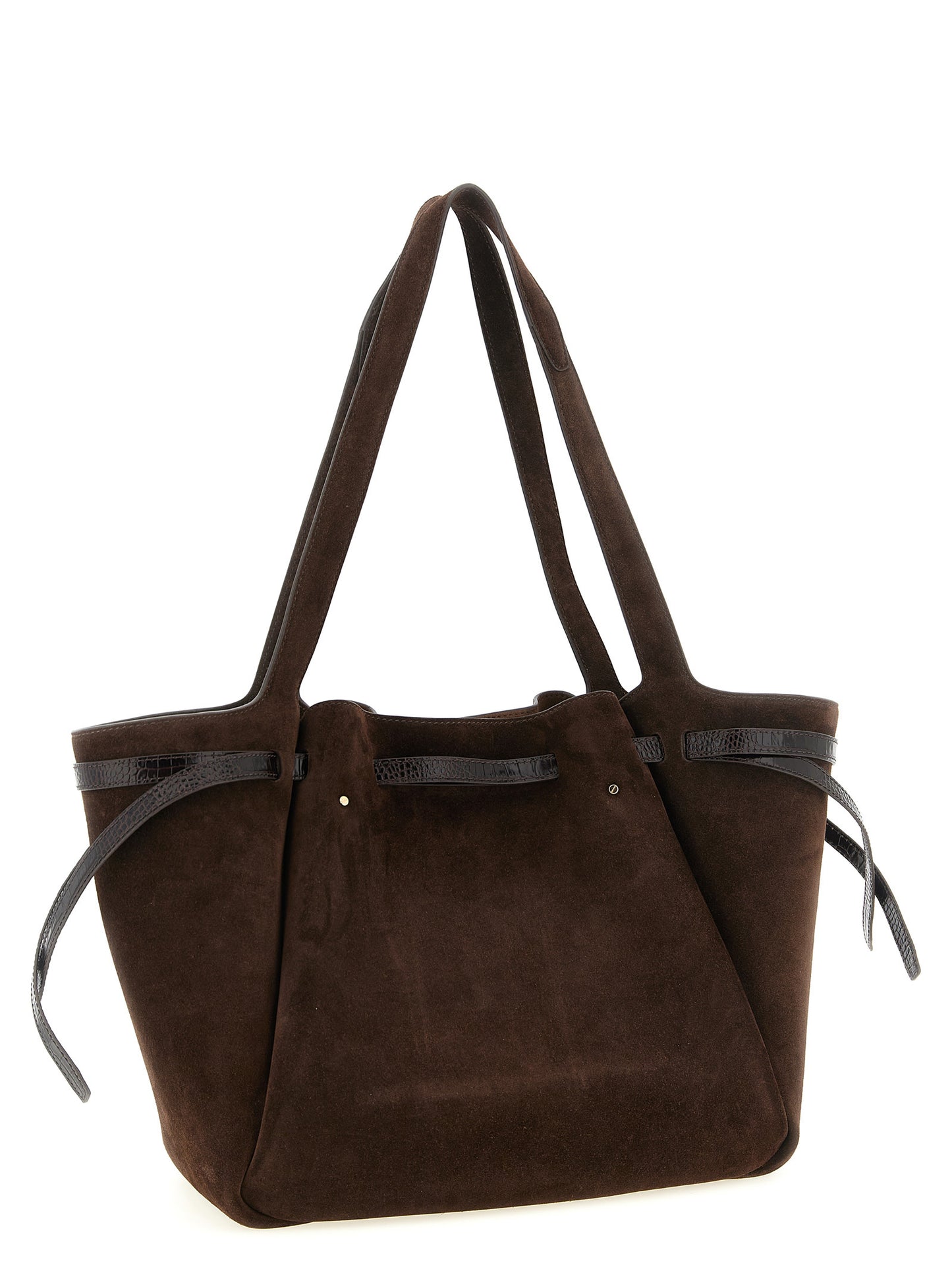 Tote Bag by Tory Burch for women in bos taurus suede cowhide leather brown, gold & print features an metropolitan chic Romy Bos Taurus Suede Cowhide Leather Tote Bag design with a secure zipper & button, metropolitan chic , and versatile for a metropolitan chic look.