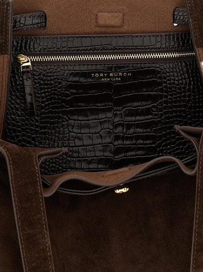 Tote Bag by Tory Burch for women in bos taurus suede cowhide leather brown, gold & print features an utilitarian-chic silhouette, showcasing the Romy Bos Taurus Suede Cowhide Leather Tote Bag design with a secure zipper & button, ample , and versatile .
