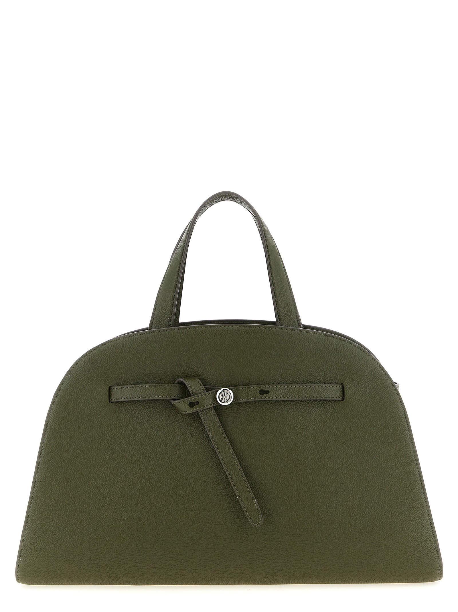 Handbag by Tory Burch for women in bos taurus cowhide leather bicolour, green, olive & silver presents a ornamental silhouette, showcasing a secure zipper & hook, ample , and versatile detachable-strap & belt-strap for a ornamental finish.