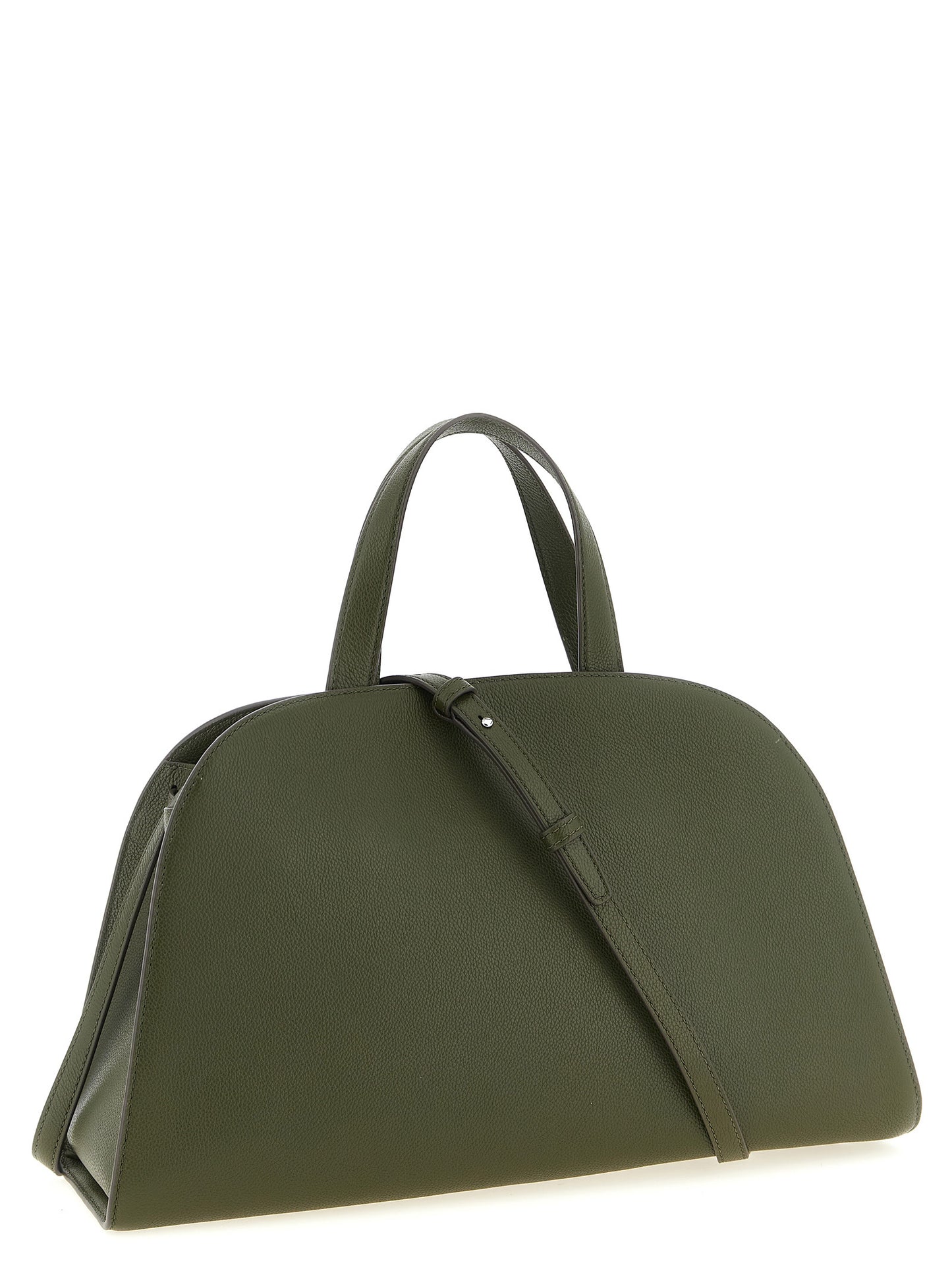 This Handbag by Tory Burch for women in bos taurus cowhide leather and bicolour, green, olive & silver presents a sculptural silhouette featuring a secure zipper & hook, ample , and versatile detachable-strap & belt-strap for a sculptural finish.