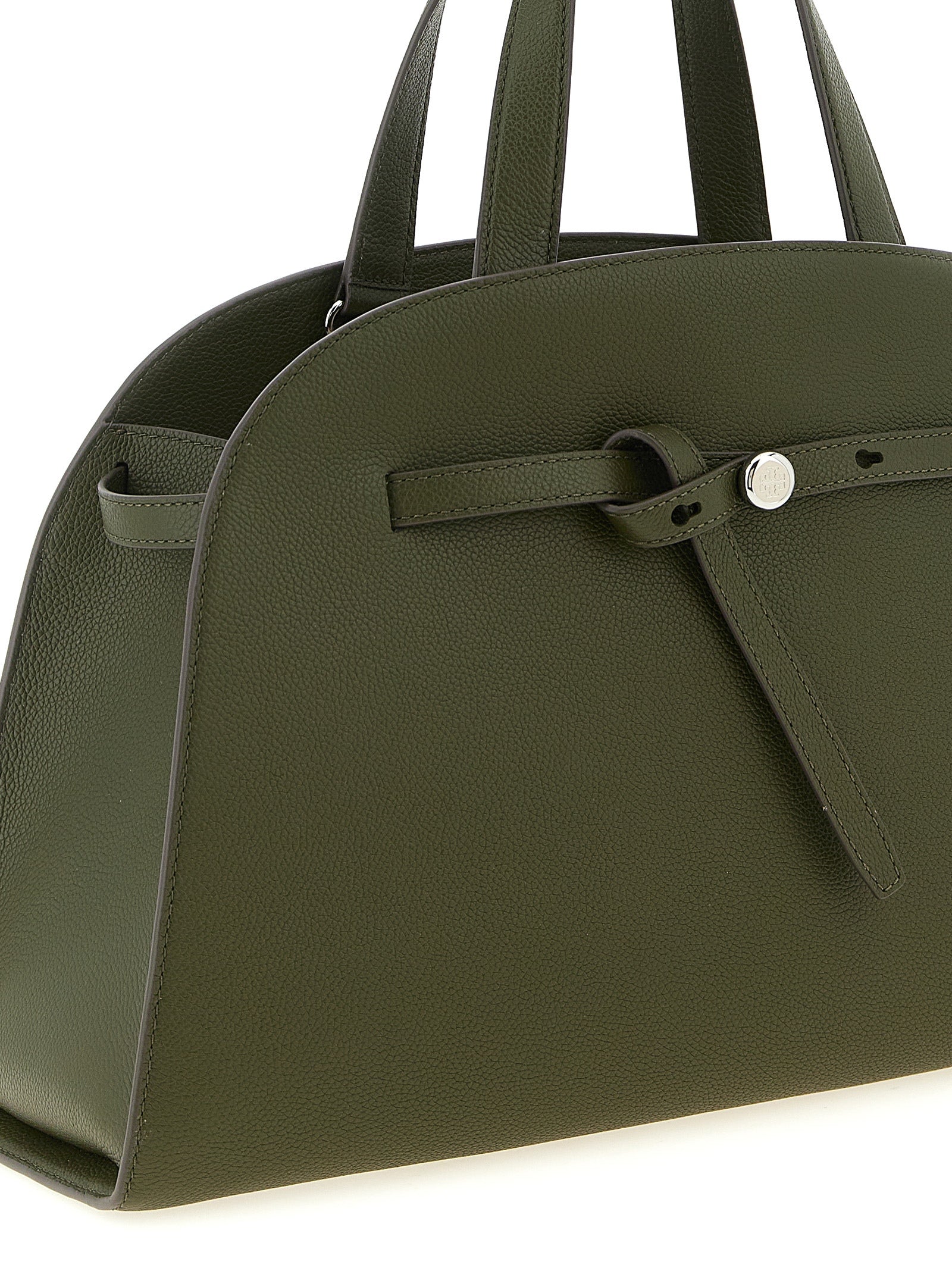 Handbag by Tory Burch for women in bos taurus cowhide leather bicolour, green, olive & silver features a refined silhouette, showcasing a secure zipper & hook, organized , and versatile detachable-strap & belt-strap for a refined finish.