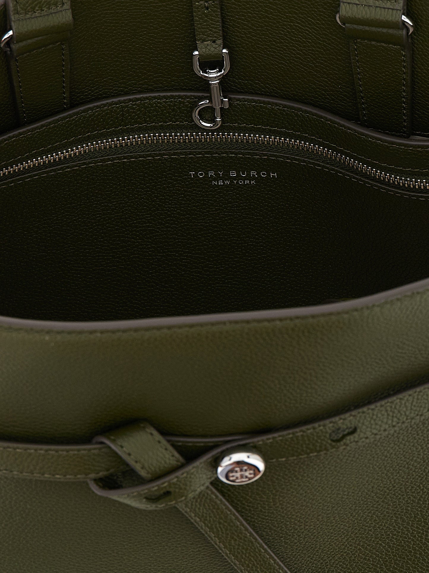 Handbag by Tory Burch for women in bos taurus cowhide leather bicolour, green, olive & silver features a exquisite silhouette, showcasing a secure zipper & hook and exquisite with versatile detachable-strap & belt-strap for a exquisite finish.