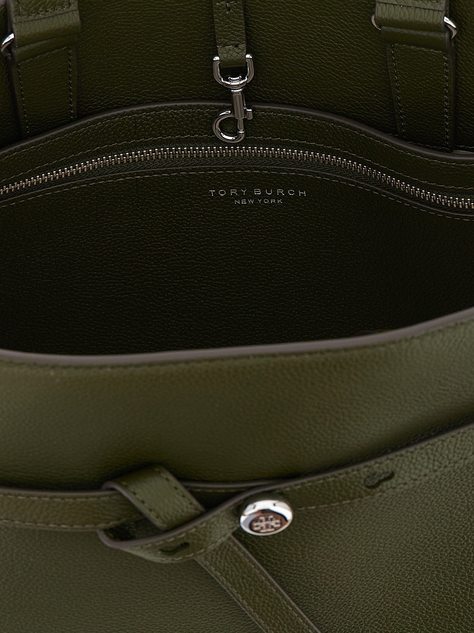 Handbag by Tory Burch for women in bos taurus cowhide leather bicolour, green, olive & silver features a exquisite silhouette, showcasing a secure zipper & hook and exquisite with versatile detachable-strap & belt-strap for a exquisite finish.