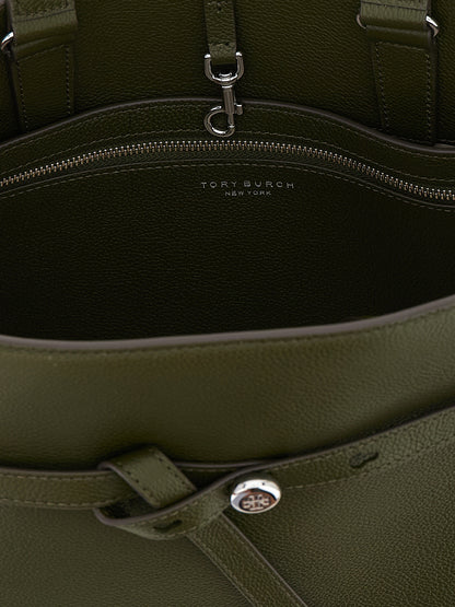 Handbag by Tory Burch for women in bos taurus cowhide leather bicolour, green, olive & silver features a exquisite silhouette, showcasing a secure zipper & hook and exquisite with versatile detachable-strap & belt-strap for a exquisite finish.