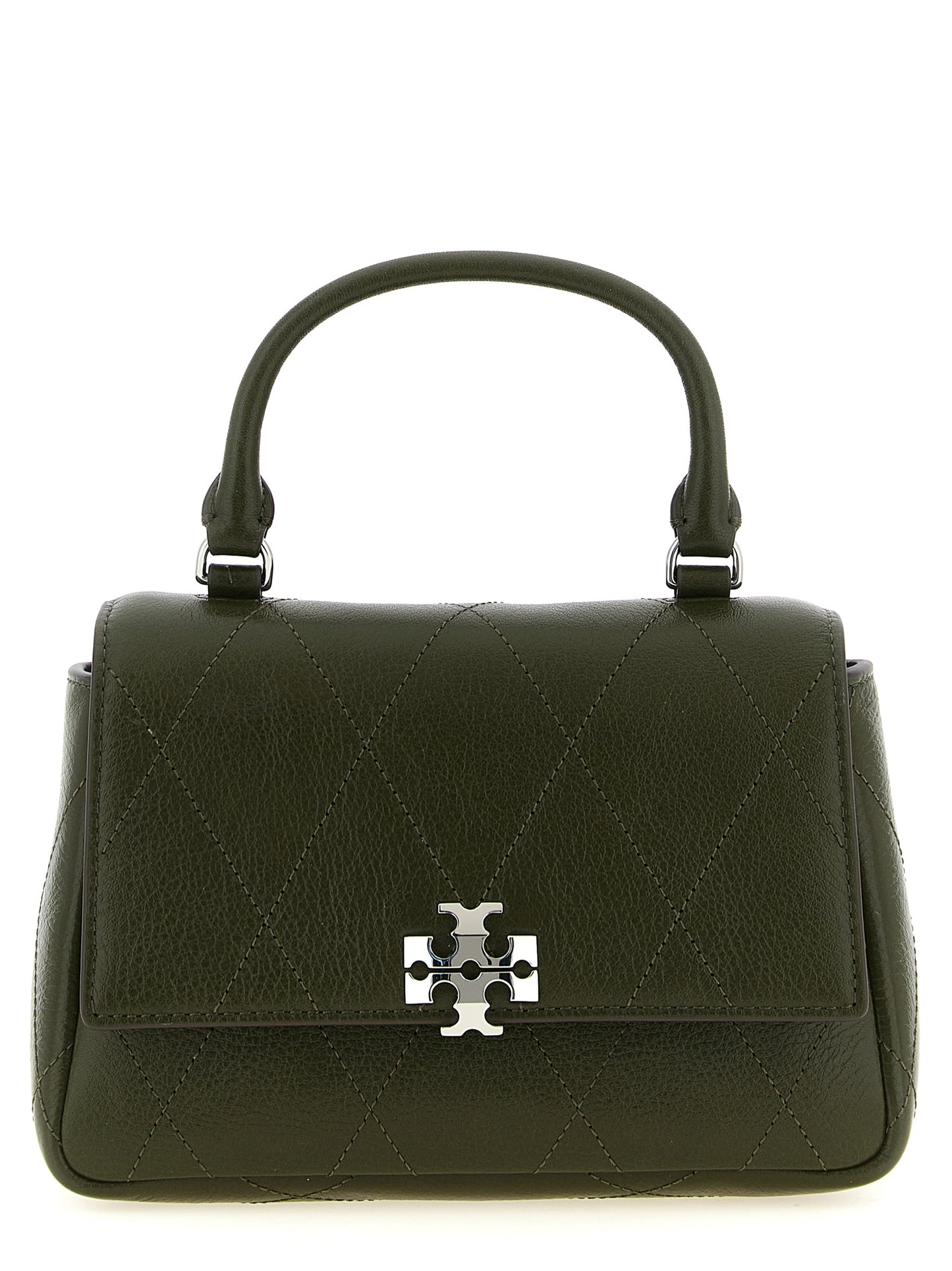 This Mini Flap Handbag by Tory Burch for women in cowhide leather and bicolour, green & signature presents a sculptural silhouette featuring a secure flap, zipper & magnetic, ample , and versatile shoulder-strap & handle for a sculptural finish.