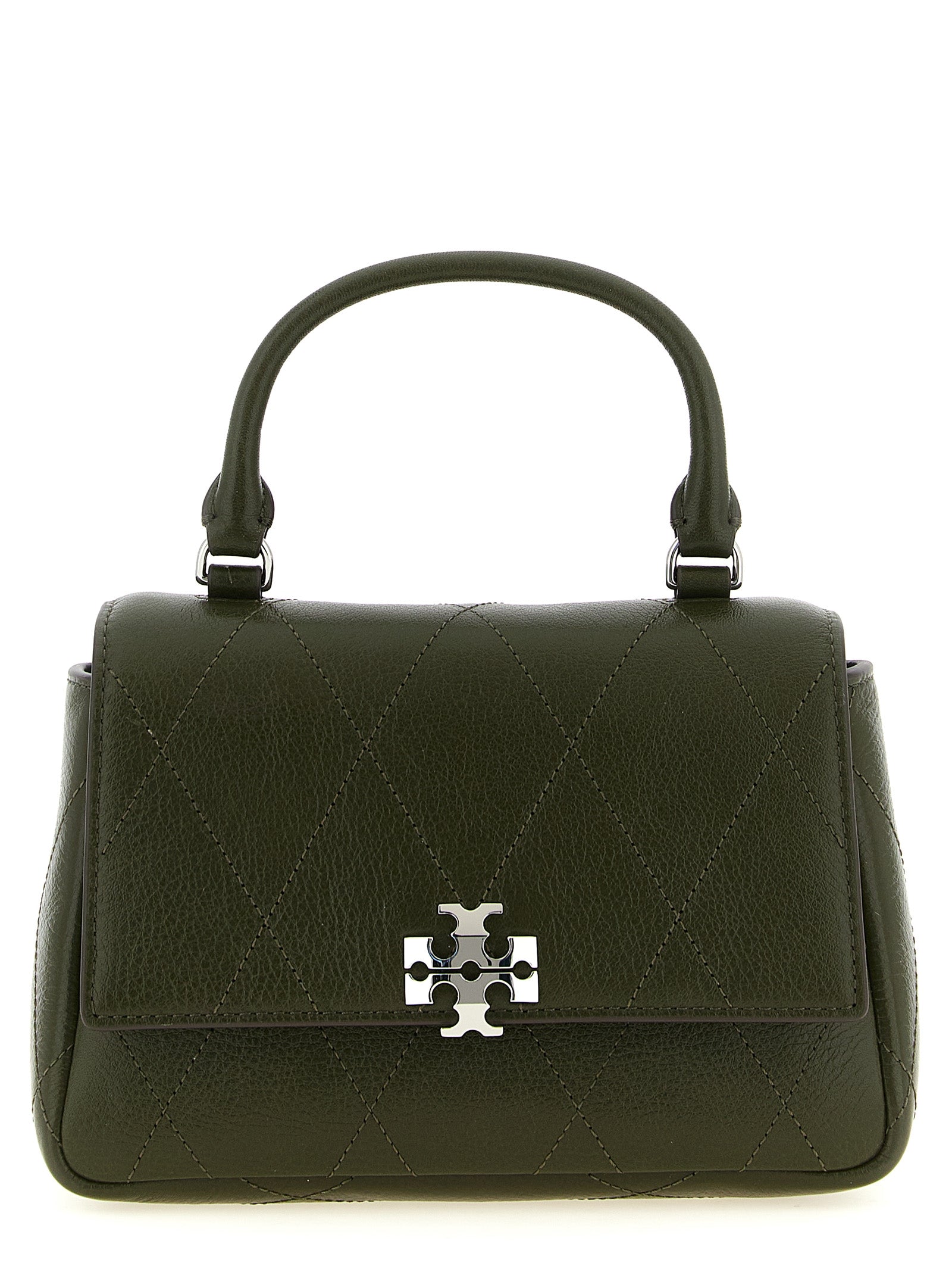 This Mini Flap Handbag by Tory Burch for women in cowhide leather and bicolour, green & signature presents a sculptural silhouette featuring a secure flap, zipper & magnetic, ample , and versatile shoulder-strap & handle for a sculptural finish.