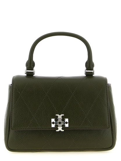 This Mini Flap Handbag by Tory Burch for women in cowhide leather and bicolour, green & signature presents a sculptural silhouette featuring a secure flap, zipper & magnetic, ample , and versatile shoulder-strap & handle for a sculptural finish.