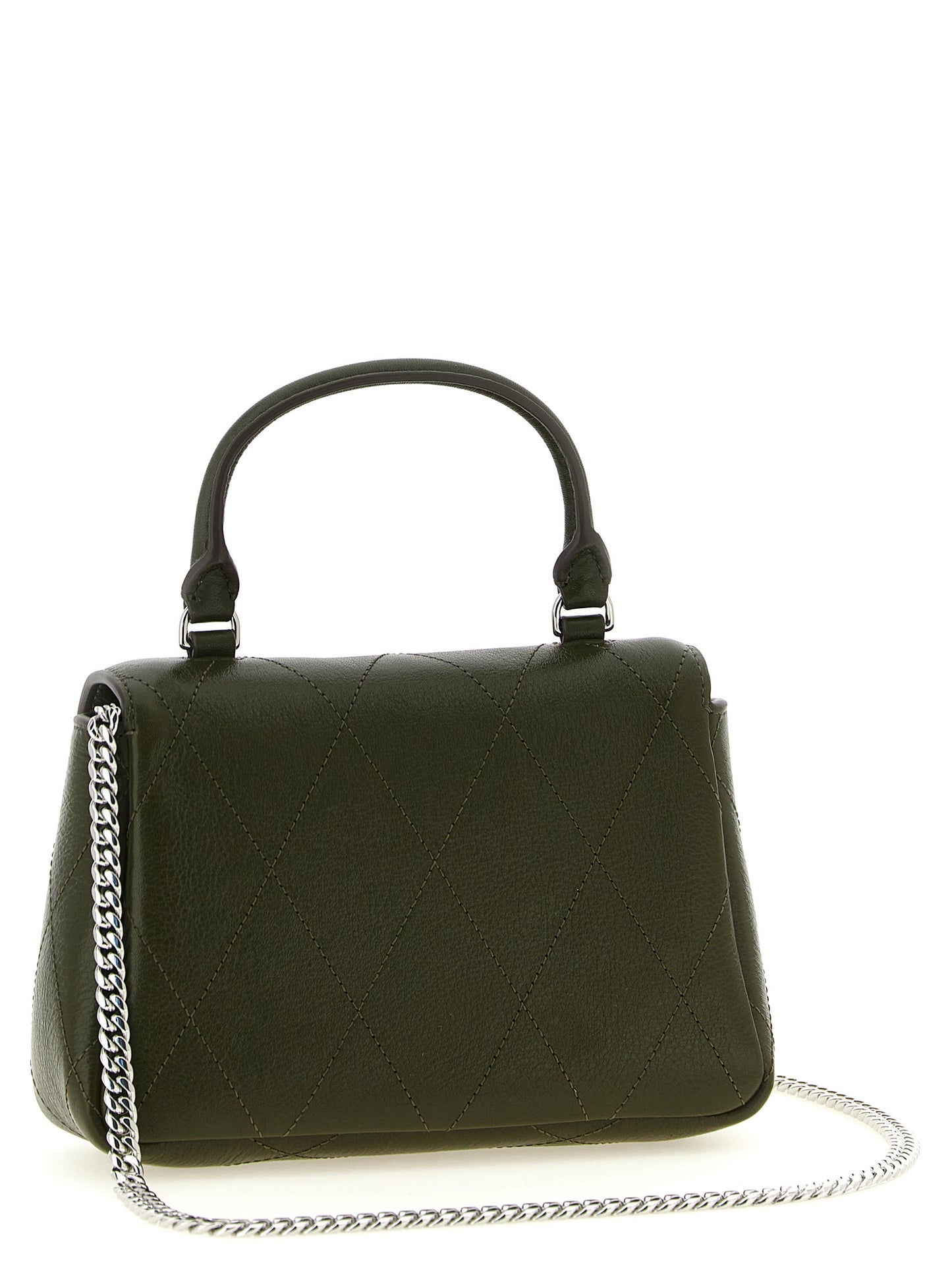 Mini Flap Handbag by Tory Burch for women in cowhide leather bicolour, green & signature features an refined silhouette, showcasing a secure flap, zipper & magnetic, ample , and versatile shoulder-strap & handle for a sophisticated refined aesthetic.