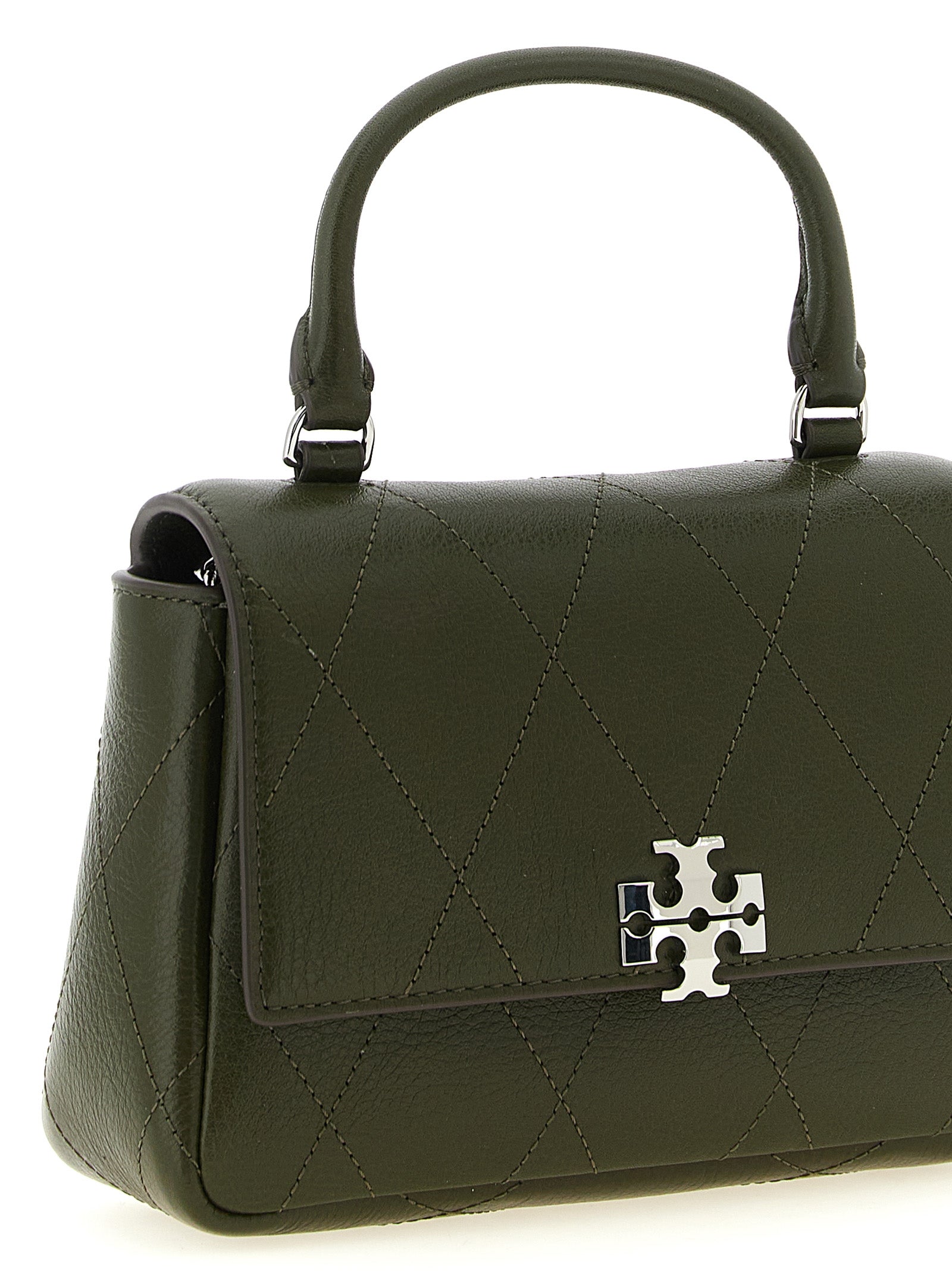 Mini Flap Handbag by Tory Burch for women in cowhide leather bicolour, green & signature presents a ornamental silhouette, showcasing a secure flap, zipper & magnetic, ample , and versatile shoulder-strap & handle for a ornamental finish.