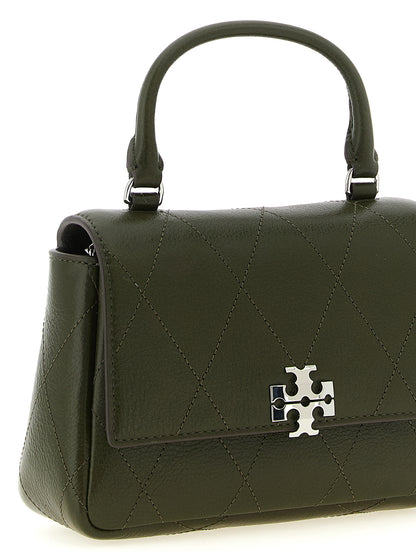 Mini Flap Handbag by Tory Burch for women in cowhide leather bicolour, green & signature presents a ornamental silhouette, showcasing a secure flap, zipper & magnetic, ample , and versatile shoulder-strap & handle for a ornamental finish.